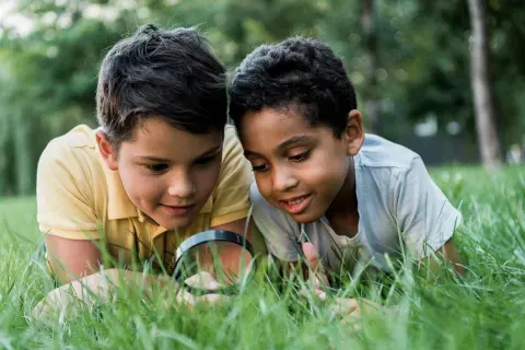 boys-laying-in-grass-with-magnifying-glass